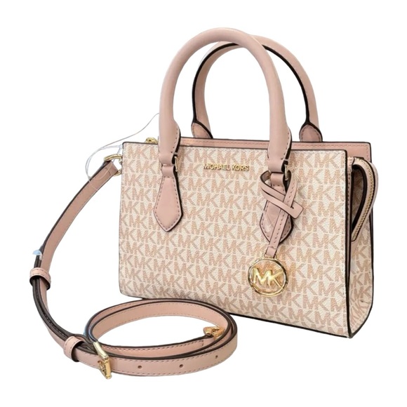 MICHAEL KORS  SHEILA SMALL CENTER ZIP SATCHEL CROSSBODY BAG MK ROSE GOLD/WHITE - Picture 2 of 10